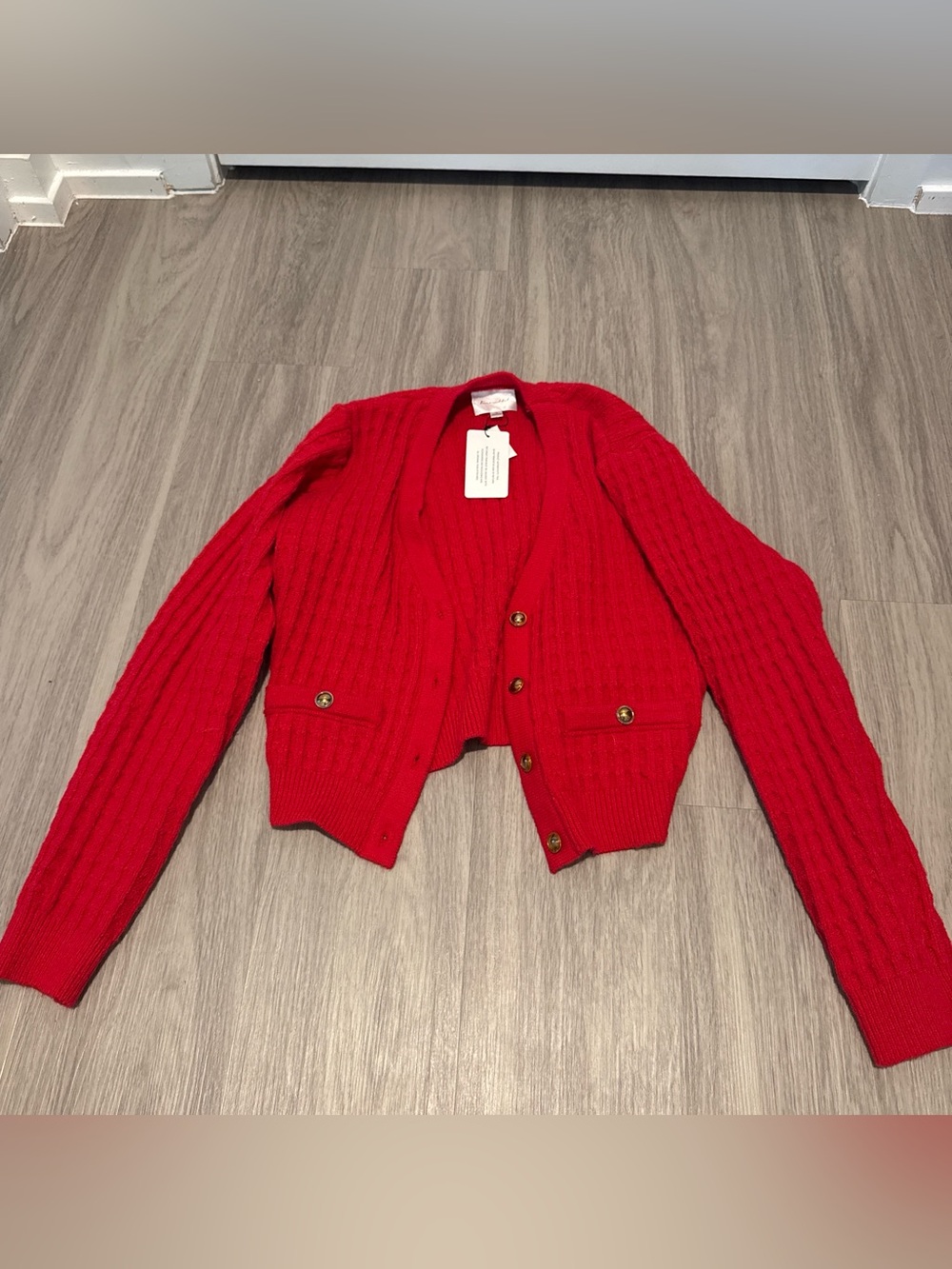 Line & Dot Red Ribbed Button-Front Cardigan with Gold Buttons